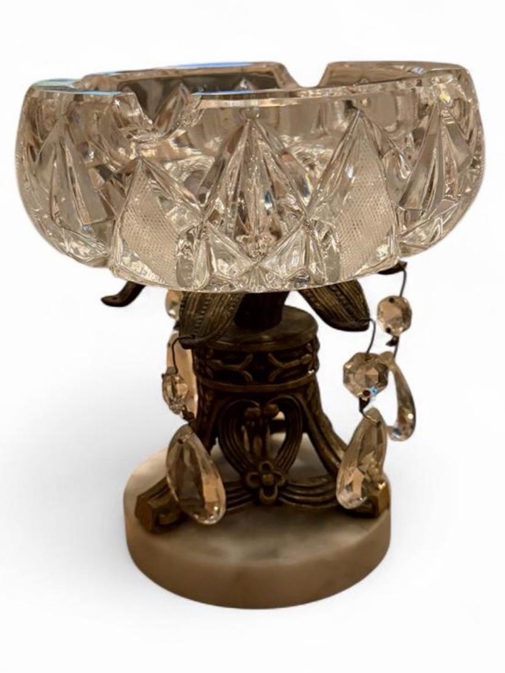 Vintage ACC Cut Glass Crystal Cast Golden Metal Brass Hollywood Regency Ashtray